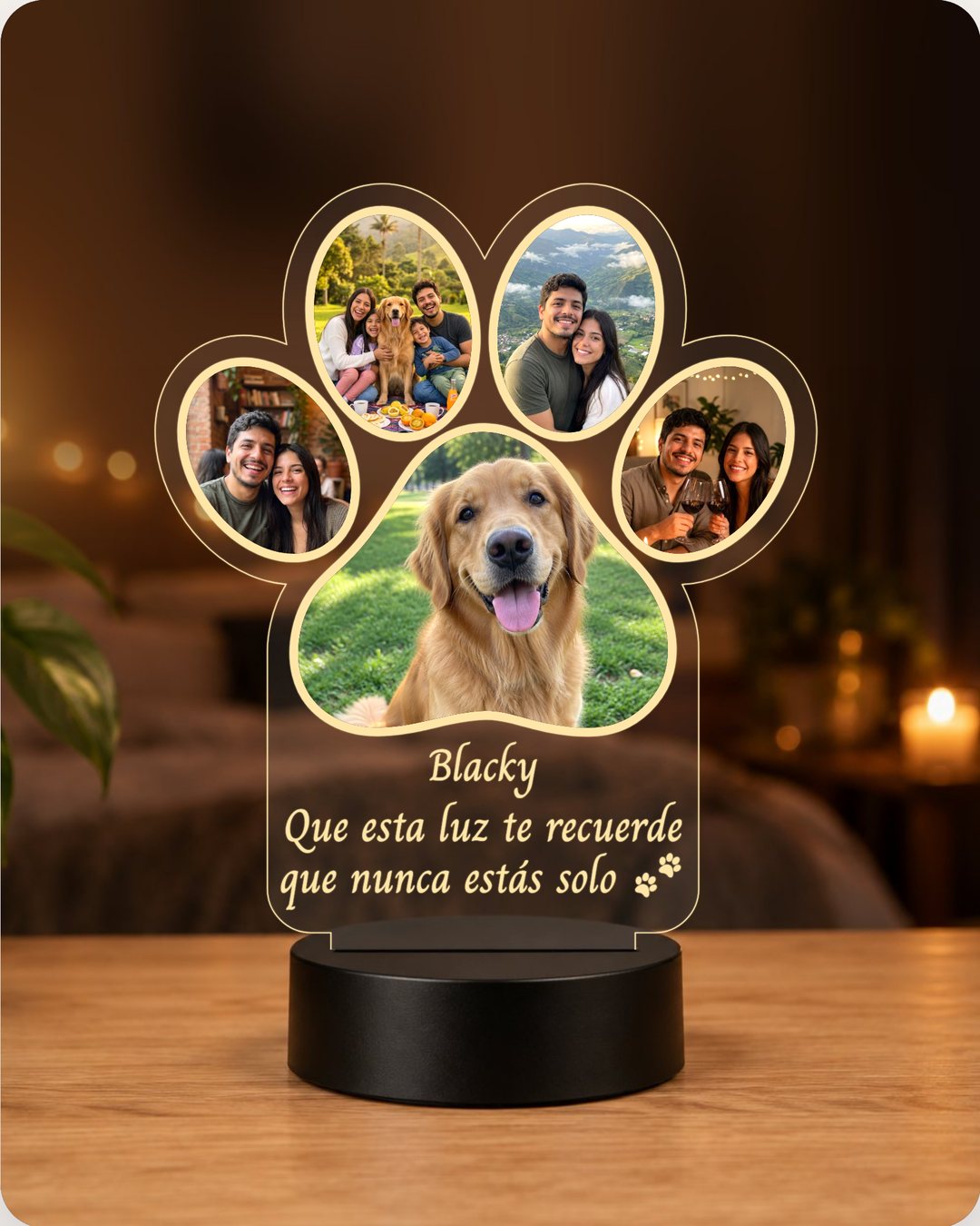 Lámpara de acrílico en forma de huella de perro, encendida, con la foto de un golden retriever y cuatro fotos de la familia
